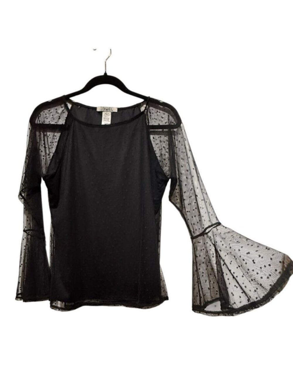 VTG Bell Sleeve Sz M Black Mesh Swiss Dot Sheer Long Sleeve Top Whimsigoth USA